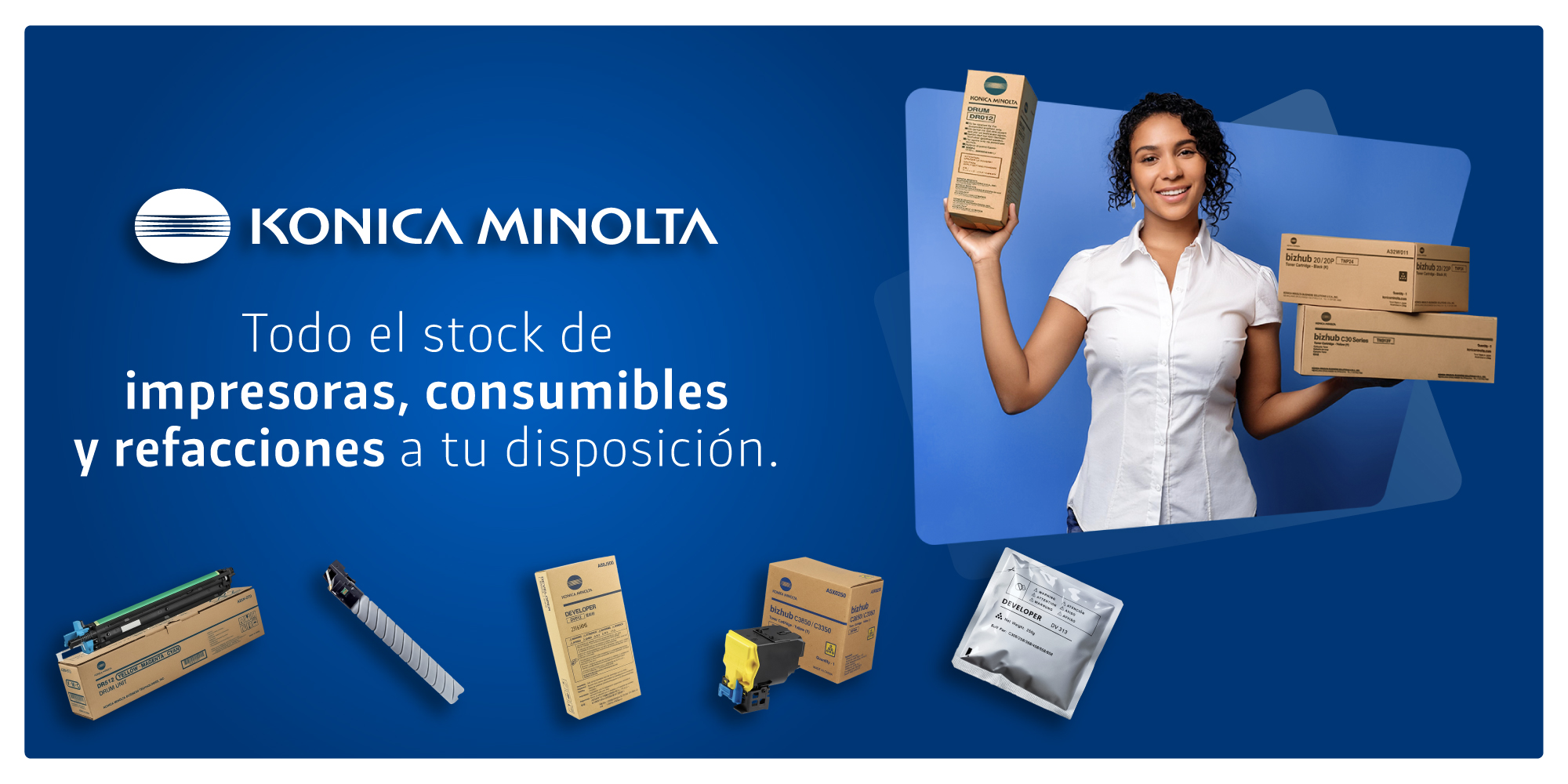Banner promocional de Konica Minolta para productos y servicios
